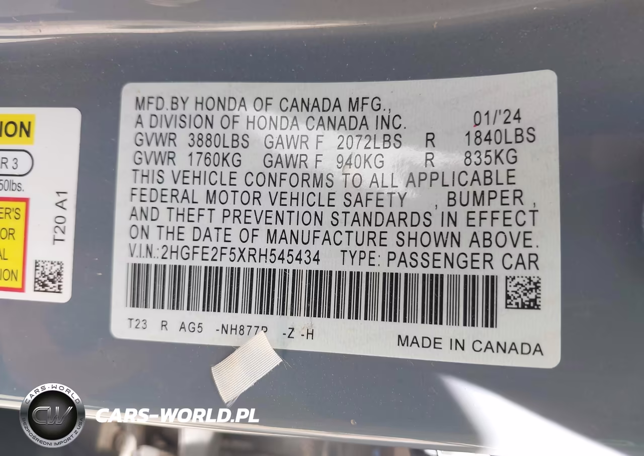 2024 Honda Civic Sport VIN:2HGFE2F5XRH545434 - 9