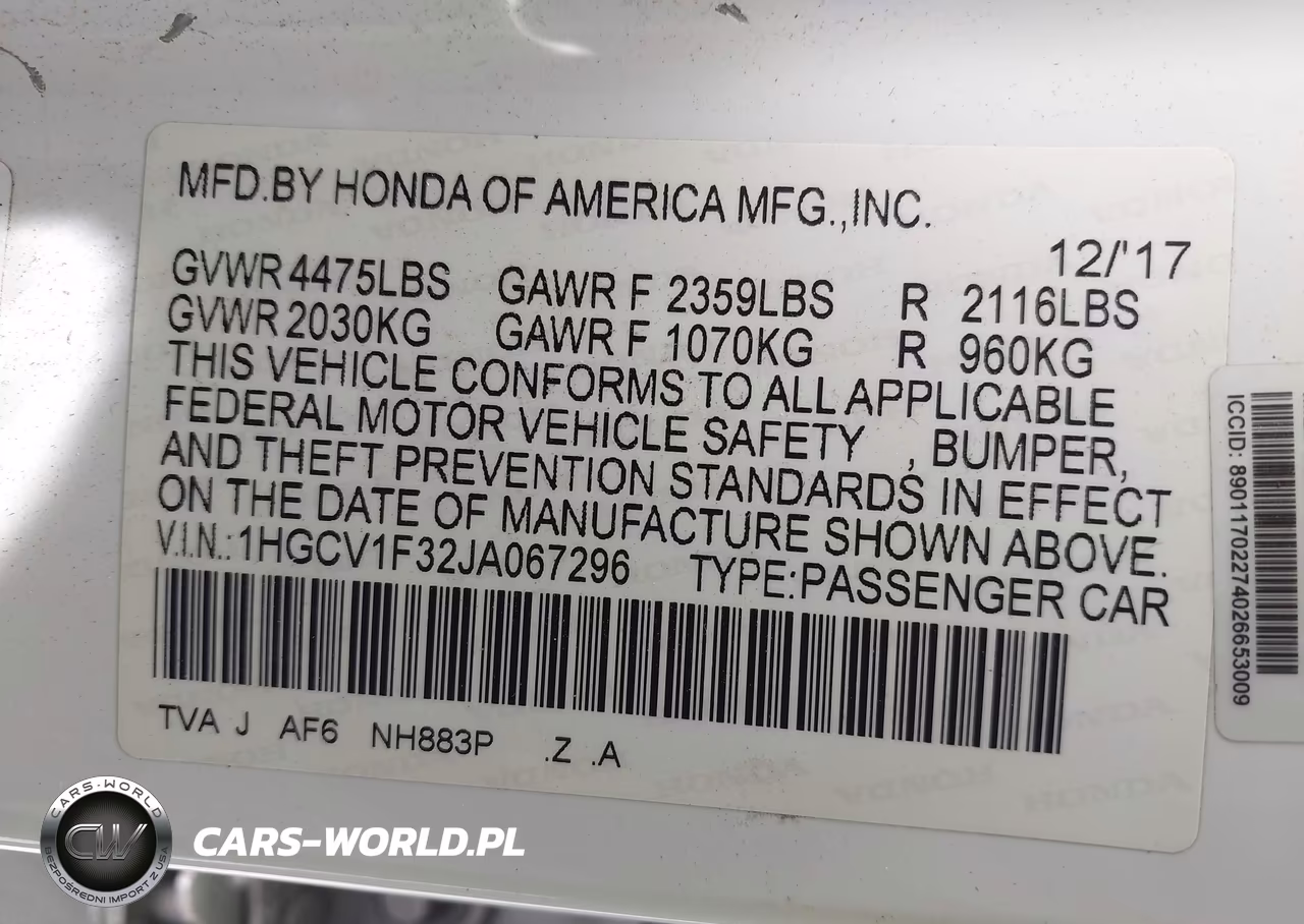 2018 Honda Accord Sport VIN:1HGCV1F32JA067296 - 9