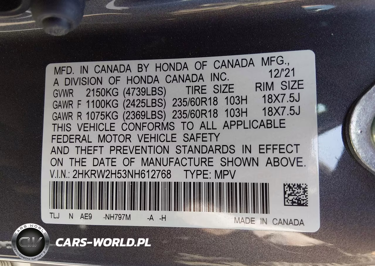 2022 Honda Cr-V Awd Ex VIN:2HKRW2H53NH612768 - 9