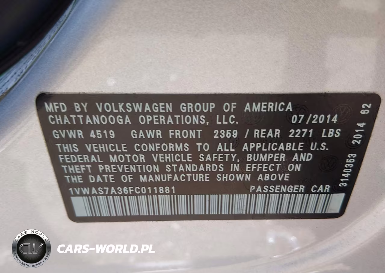 2015 Volkswagen Passat 1.8T Wolfsburg Edition VIN:1VWAS7A36FC011881 - 9