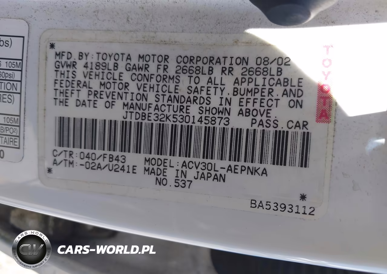 2003 Toyota Camry Le VIN:JTDBE32K530145873 - 9