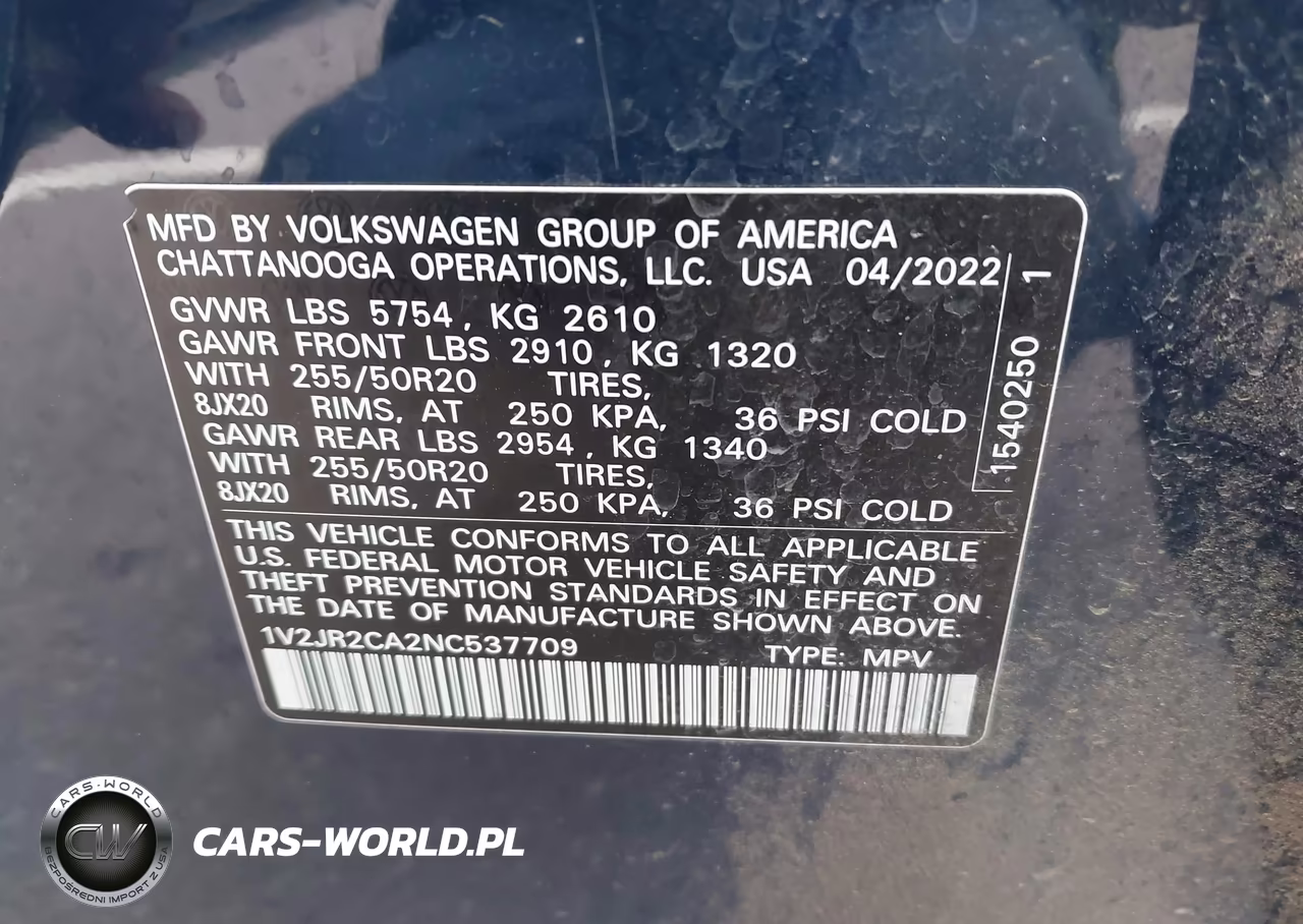2022 Volkswagen Atlas 3.6L V6 Se W-Technology VIN:1V2JR2CA2NC537709 - 9