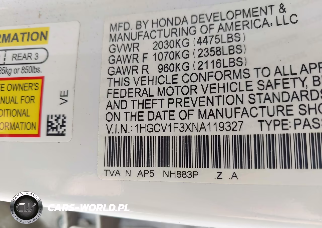2022 Honda Accord Sport VIN:1HGCV1F3XNA119327 - 9