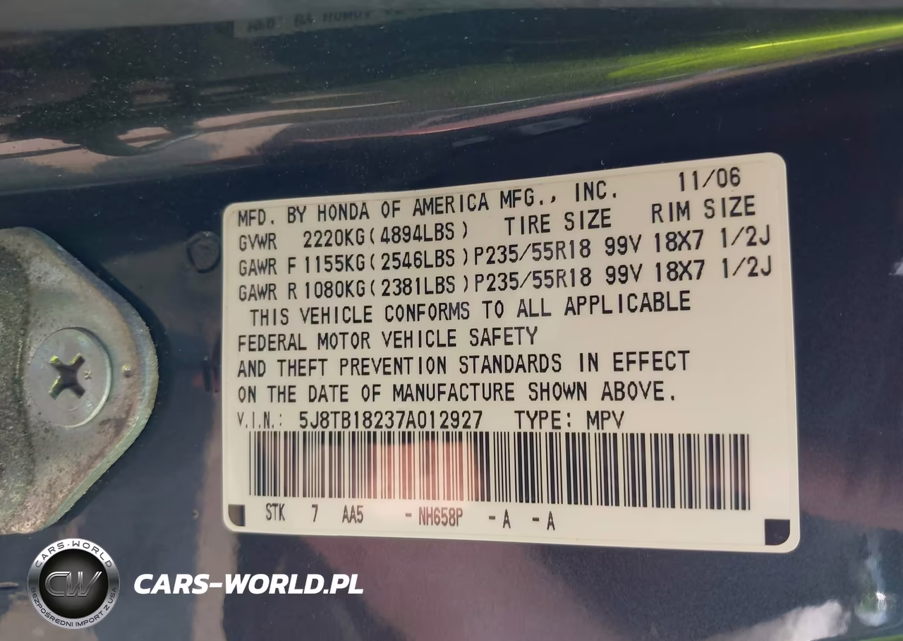 2007 Acura Rdx VIN:5J8TB18237A012927 - 9