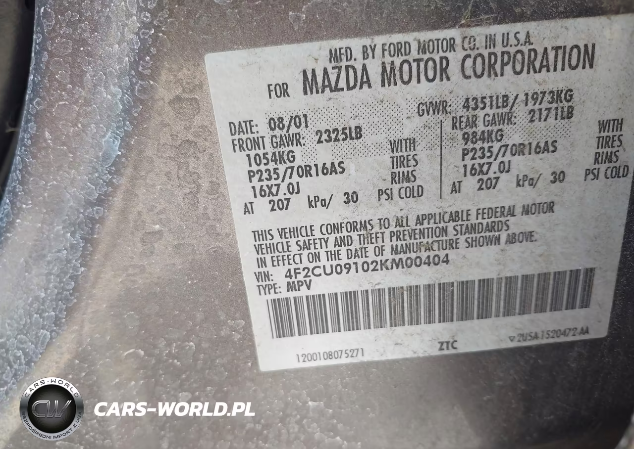 2002 Mazda Tribute Es V6-Lx V6 VIN:4F2CU09102KM00404 - 9