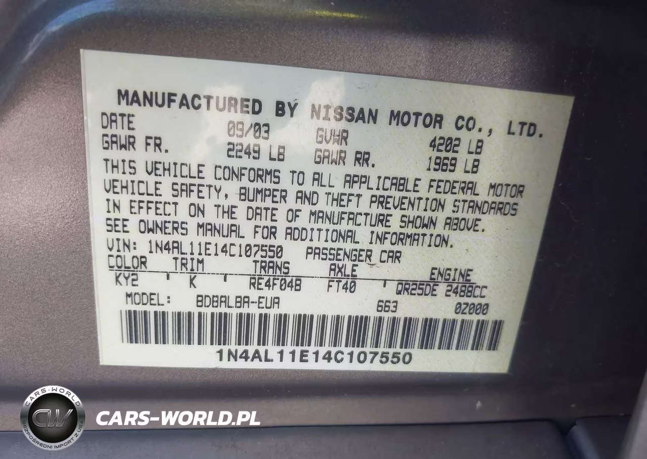 2004 Nissan Altima 2.5 S VIN:1N4AL11E14C107550 - 9
