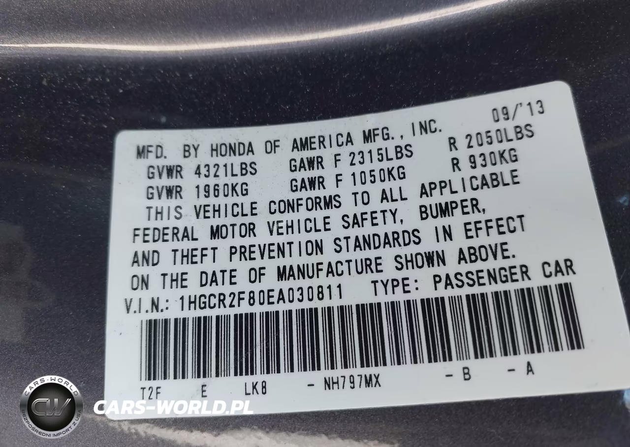 2014 Honda Accord Ex-L VIN:1HGCR2F80EA030811 - 9