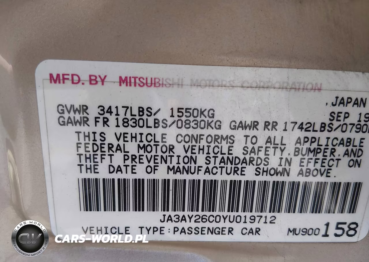 2000 Mitsubishi Mirage De VIN:JA3AY26C0YU019712 - 9