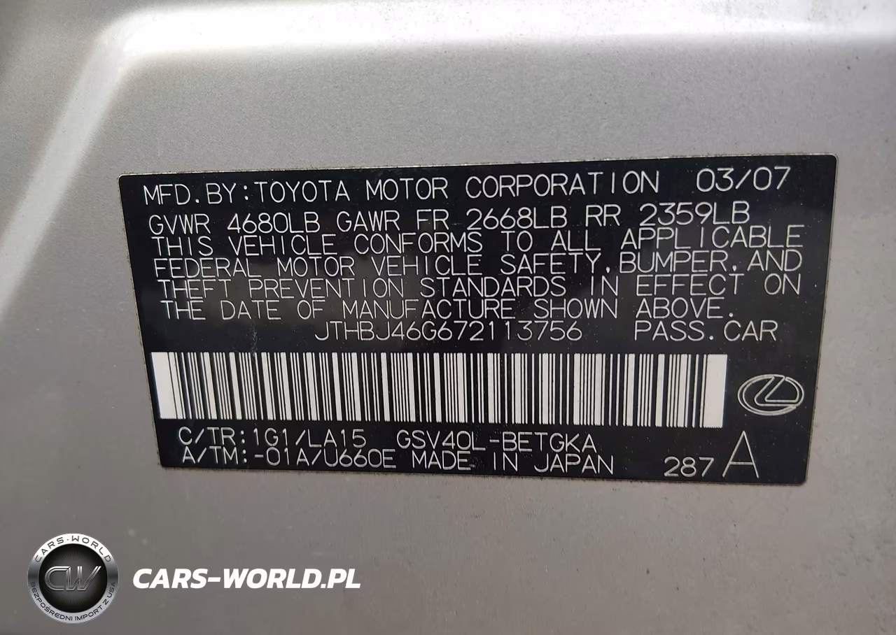 2007 Lexus Es 350 VIN:JTHBJ46G672113756 - 9