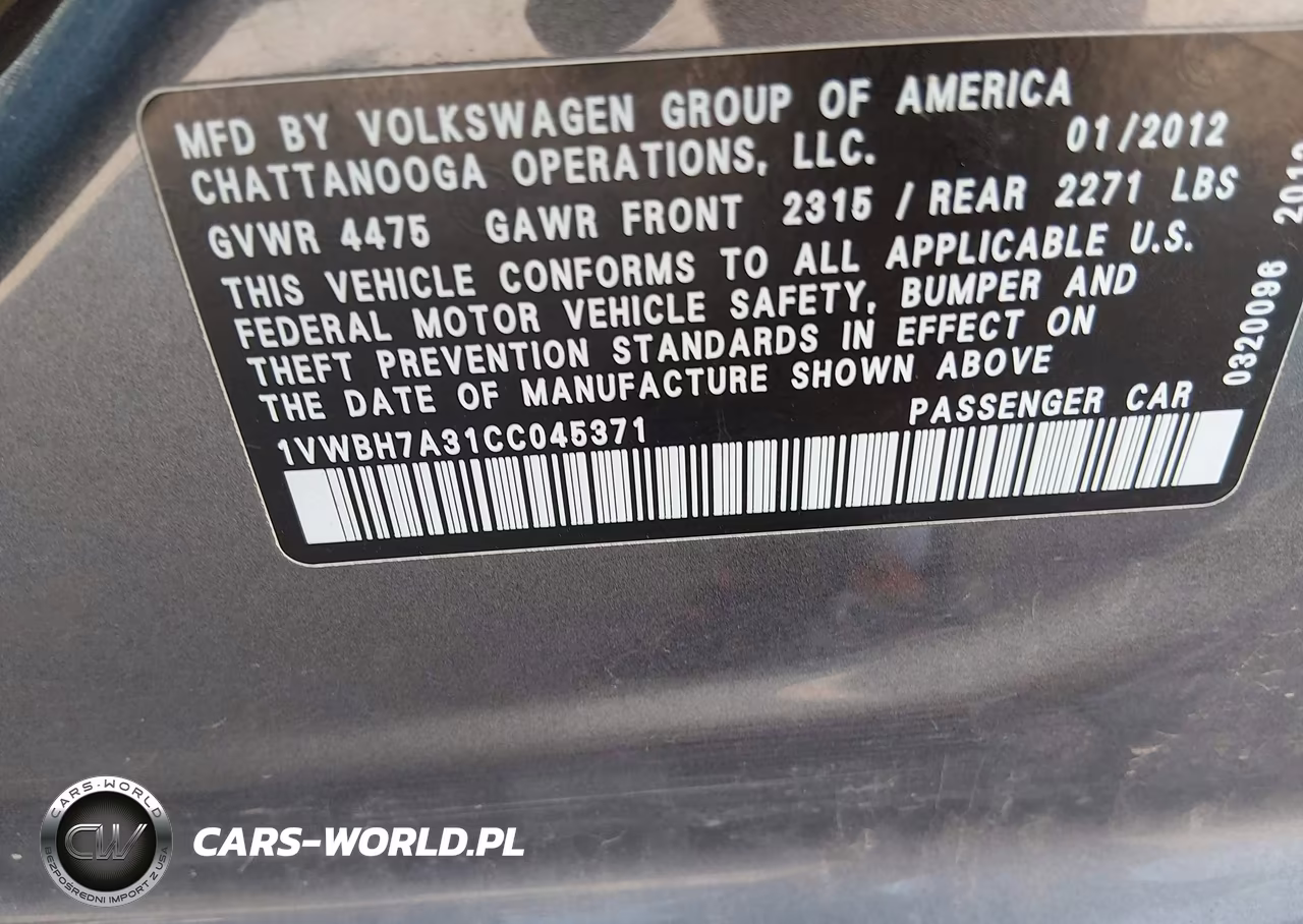 2012 Volkswagen Passat 2.5L Se VIN:1VWBH7A31CC045371 - 9