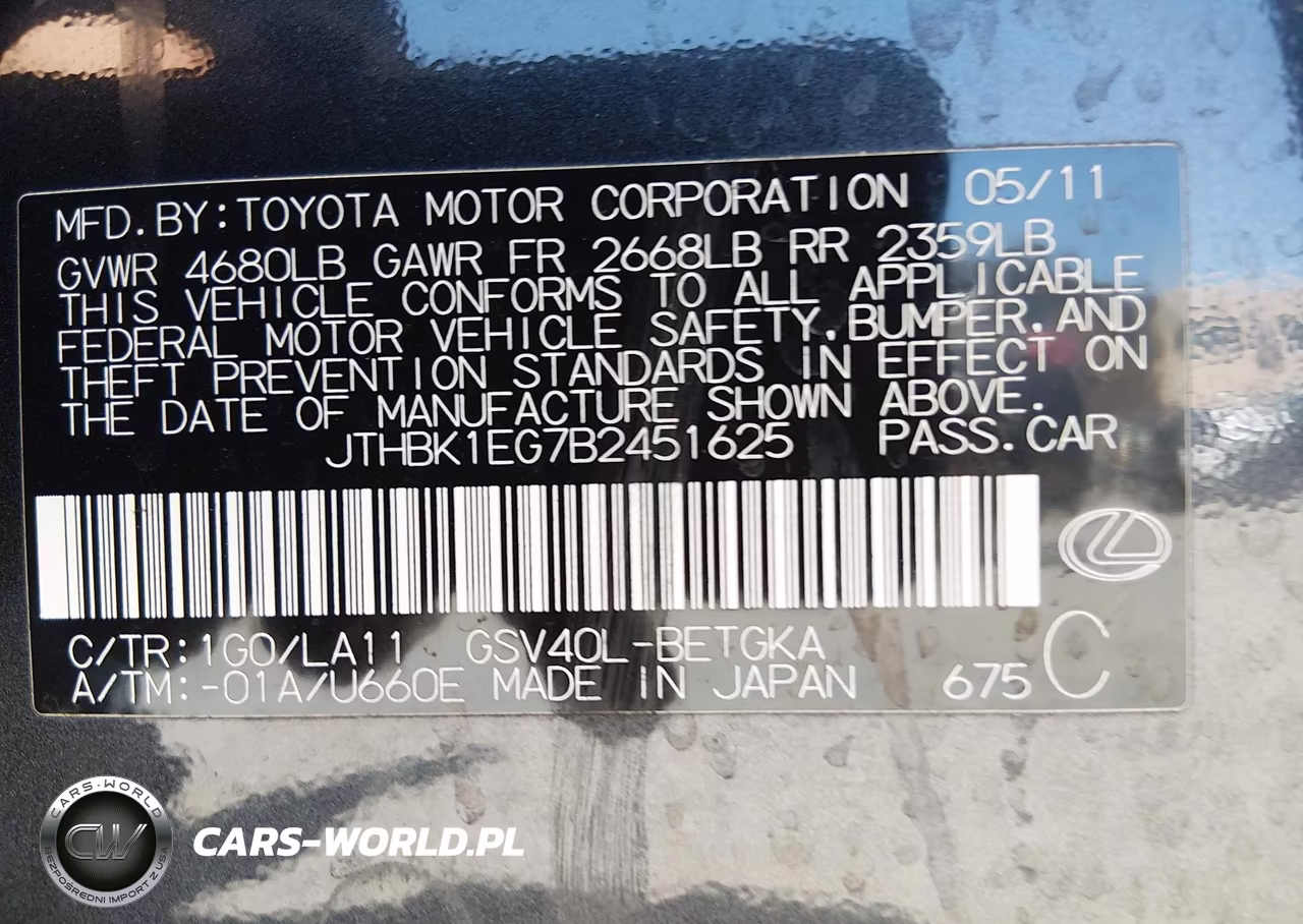 2011 Lexus Es 350 VIN:JTHBK1EG7B2451625 - 9