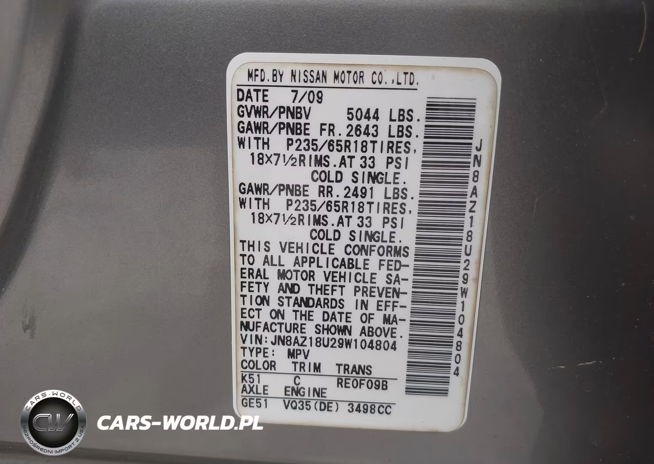 2009 Nissan Murano Sl VIN:JN8AZ18U29W104804 - 9