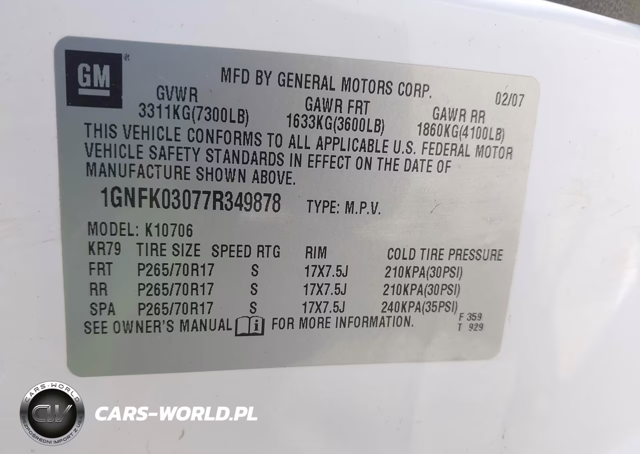 2007 Chevrolet Tahoe Special Service Veh Special Services VIN:1GNFK03077R349878 - 9