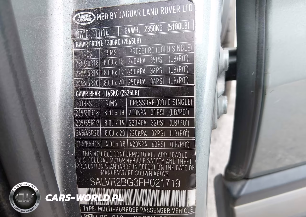 LAND ROVER RANGE ROVE VIN:SALVR2BG3FH021719 - 9