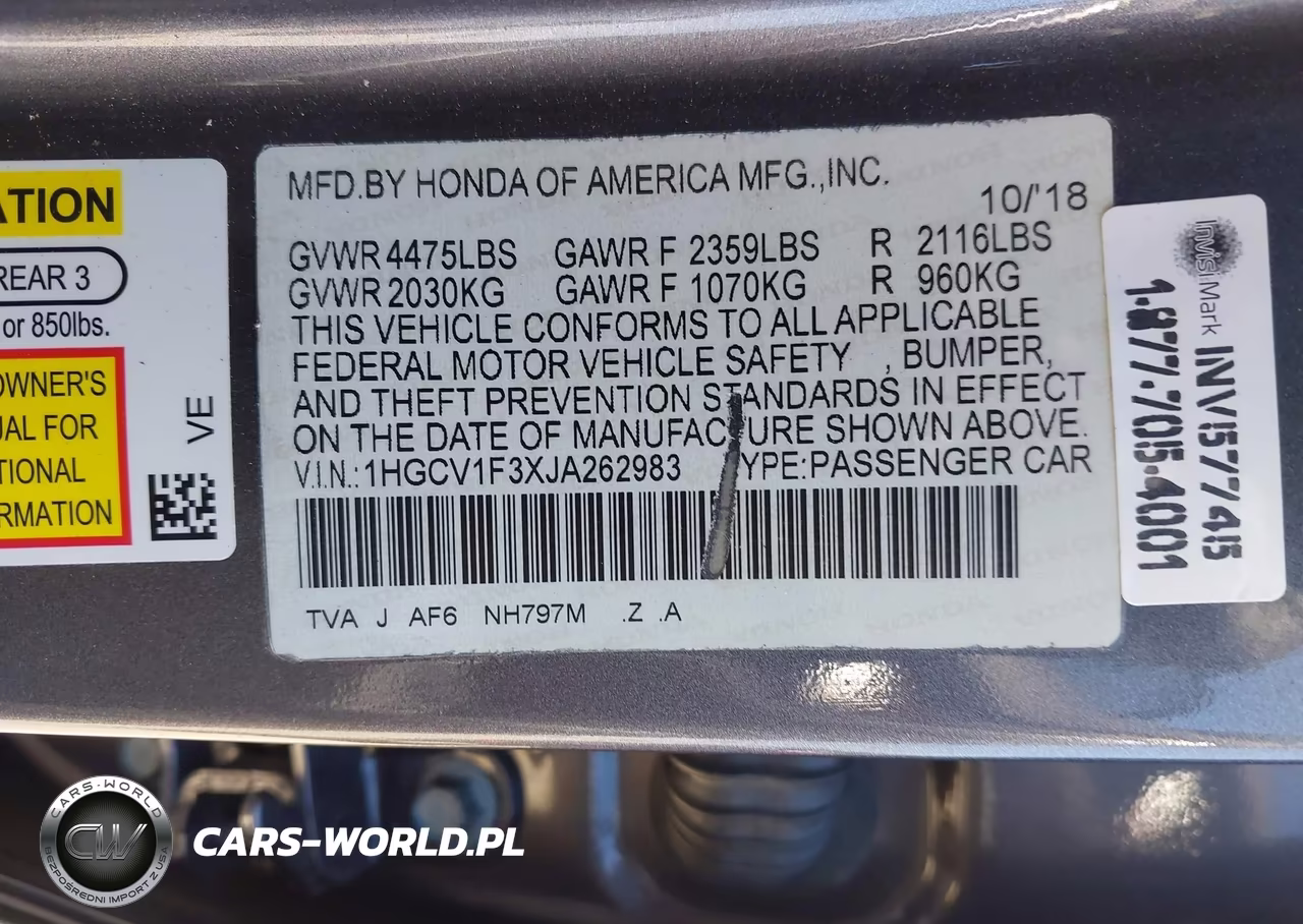 2018 Honda Accord Sport VIN:1HGCV1F3XJA262983 - 9