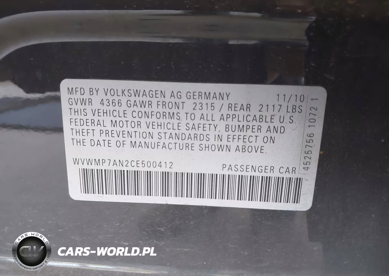 2012 Volkswagen Cc Sport VIN:WVWMP7AN2CE500412 - 9