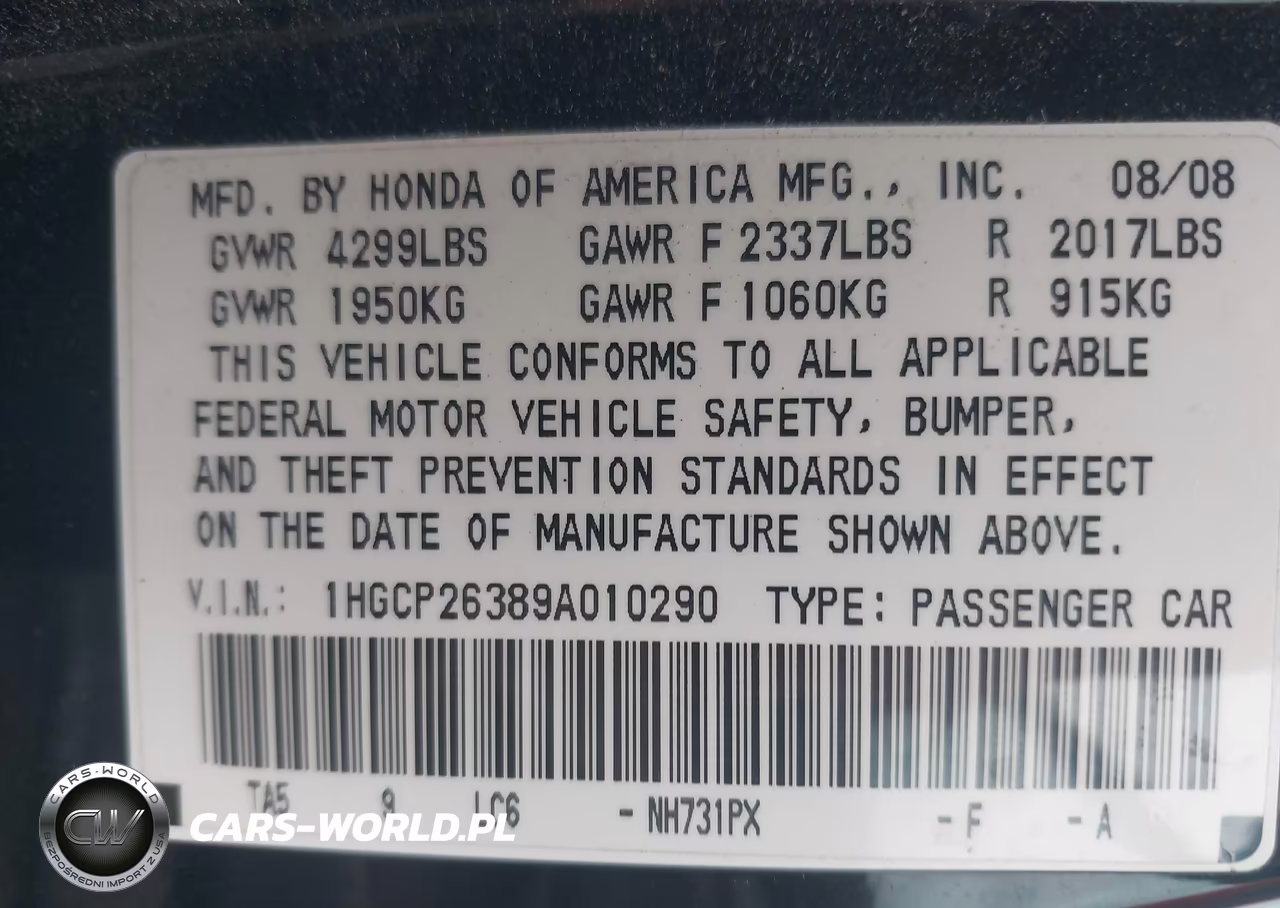 2009 Honda Accord 2.4 Lx VIN:1HGCP26389A010290 - 9