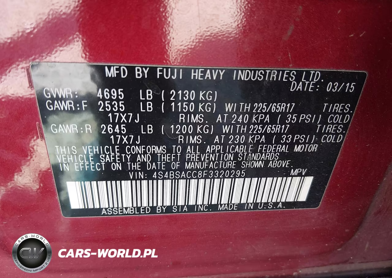 2015 Subaru Outback 2.5I Premium VIN:4S4BSACC8F3320295 - 9
