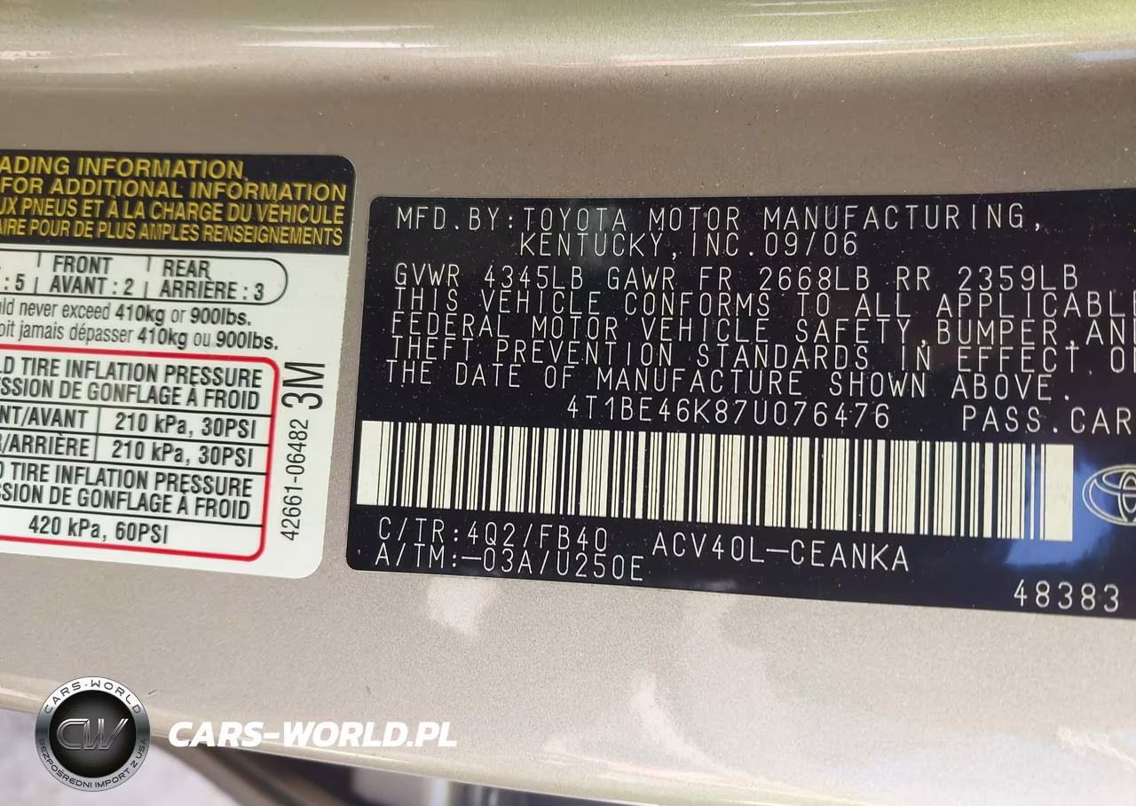 2007 Toyota Camry Le VIN:4T1BE46K87U076476 - 9