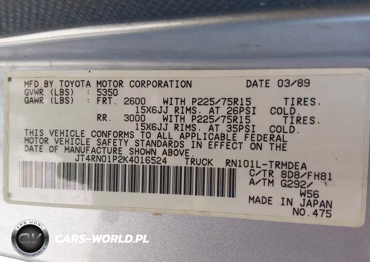 1989 Toyota Pickup 1-2 Ton Sht Wheelbase Dlx VIN:JT4RN01P2K4016524 - 7