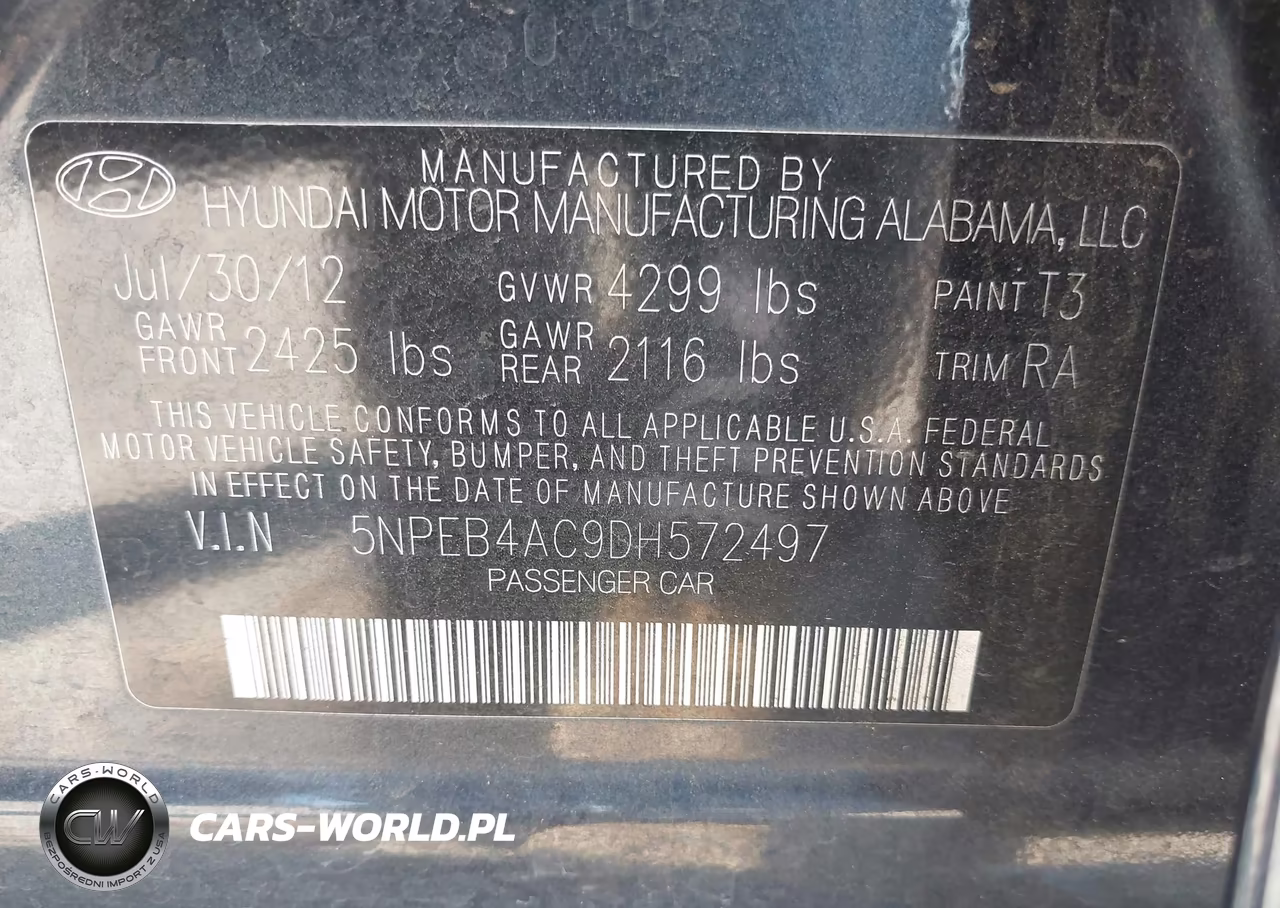 2013 Hyundai Sonata Gls VIN:5NPEB4AC9DH572497 - 9