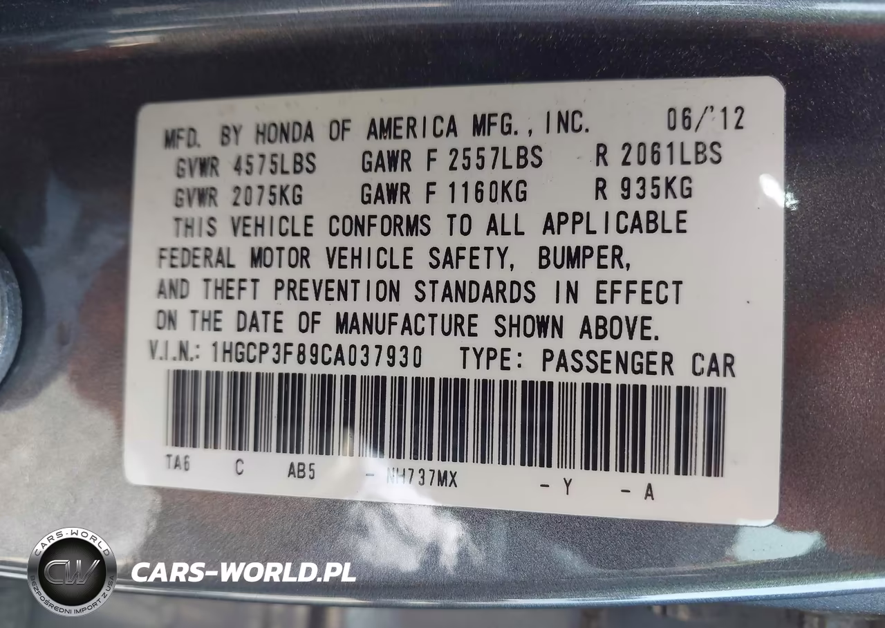 2012 Honda Accord 3.5 Ex-L VIN:1HGCP3F89CA037930 - 9