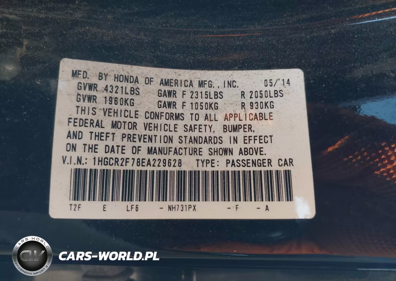 2014 Honda Accord Ex VIN:1HGCR2F78EA229628 - 9