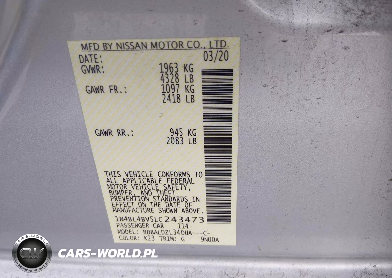 2020 Nissan Altima S Fwd VIN:1N4BL4BV5LC243473 - 9