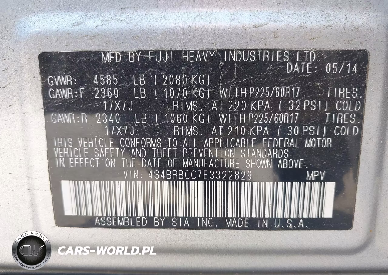 2014 Subaru Outback 2.5I Premium VIN:4S4BRBCC7E3322829 - 9