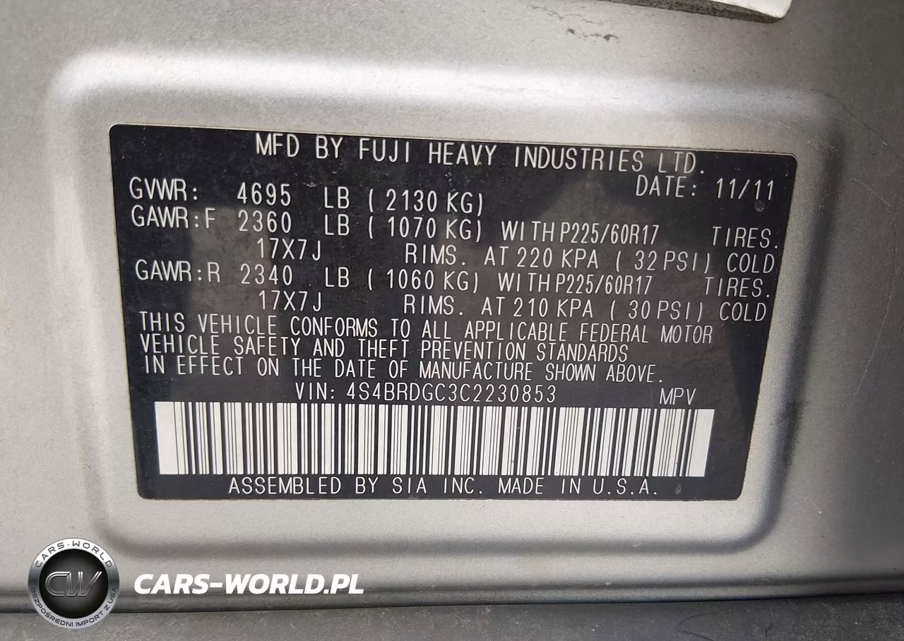 2012 Subaru Outback 3.6R Limited VIN:4S4BRDGC3C2230853 - 9