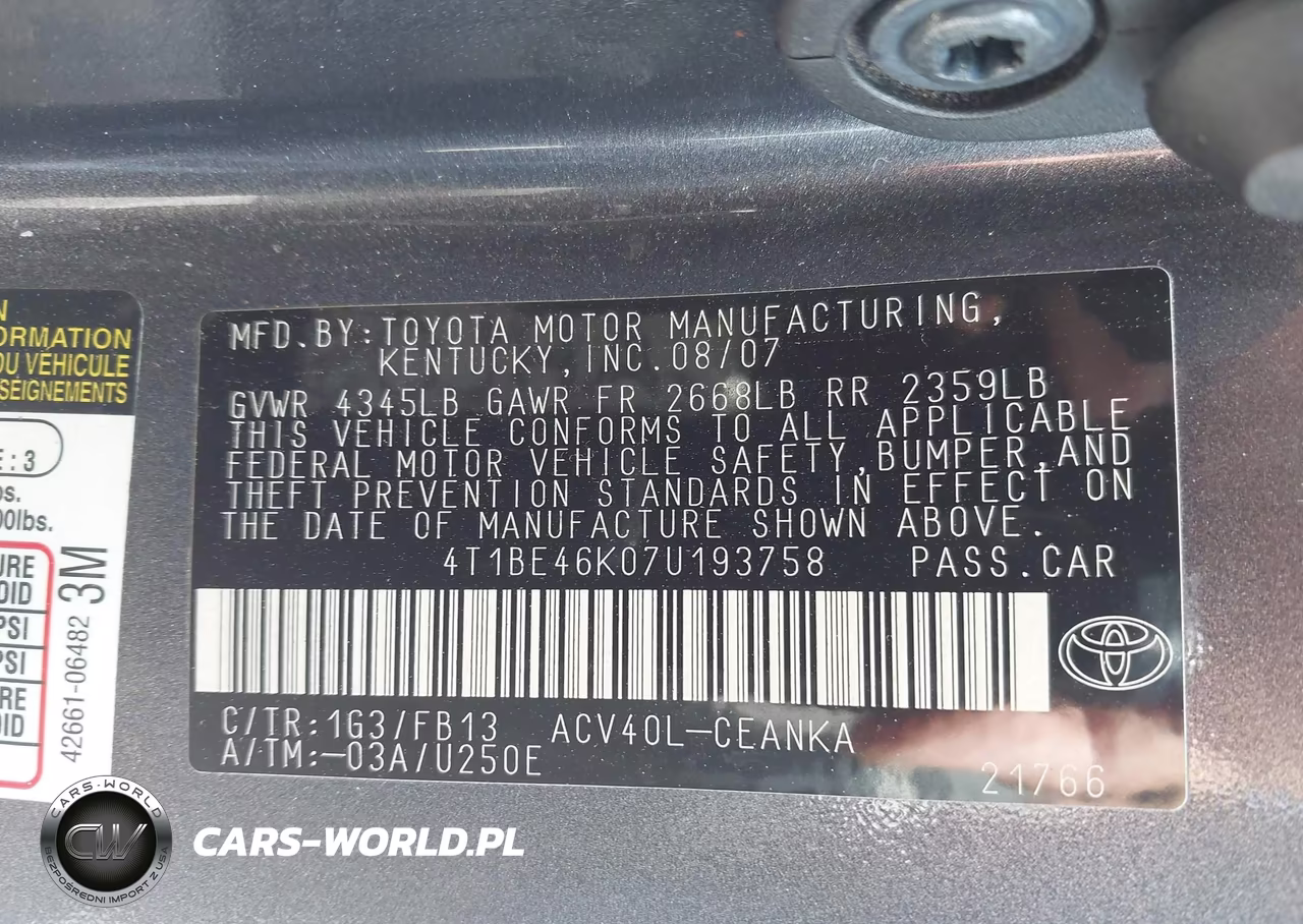 2007 Toyota Camry Le VIN:4T1BE46K07U193758 - 9