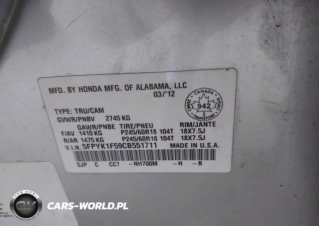 2012 Honda Ridgeline Rtl VIN:5FPYK1F59CB551711 - 9