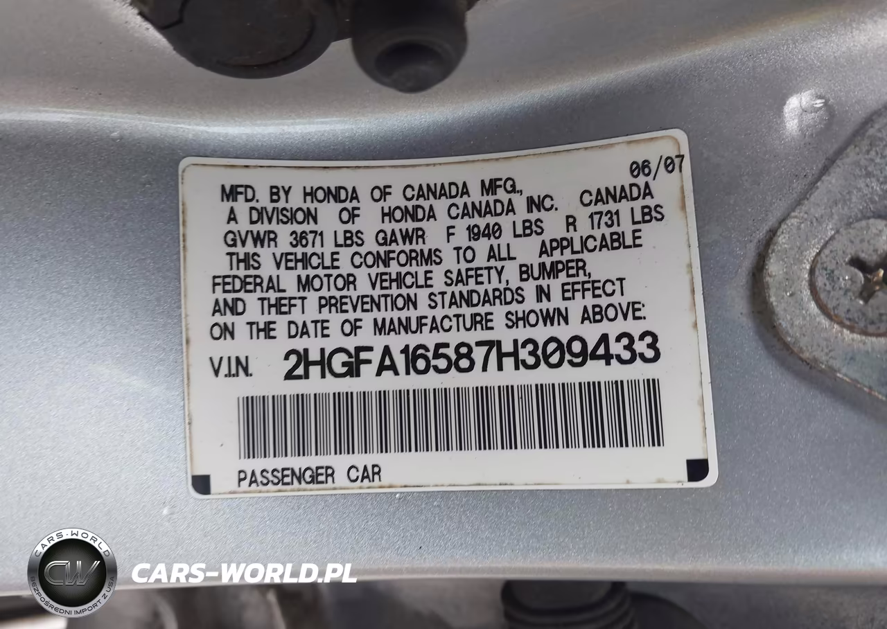 2007 Honda Civic Lx VIN:2HGFA16587H309433 - 9