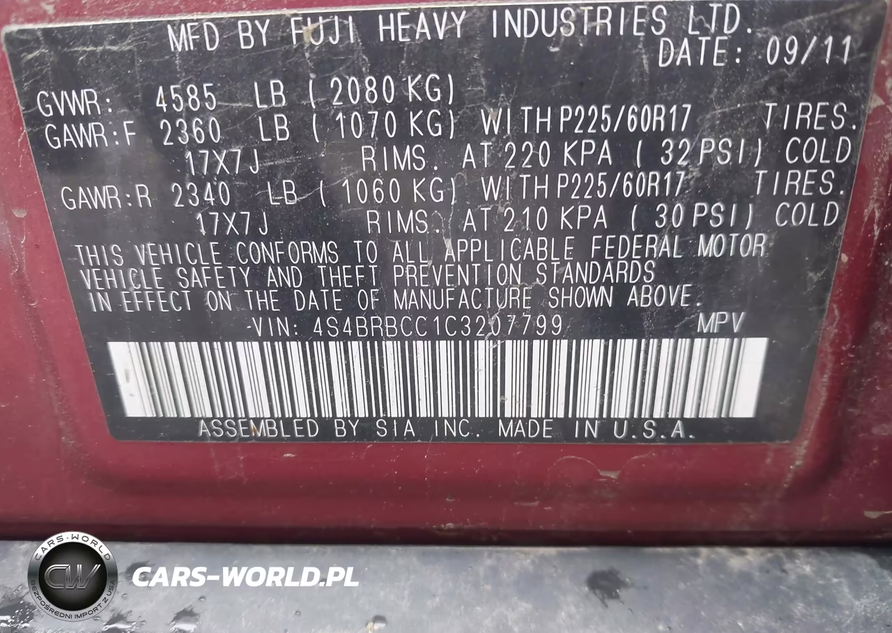 2012 Subaru Outback 2.5I Premium VIN:4S4BRBCC1C3207799 - 9