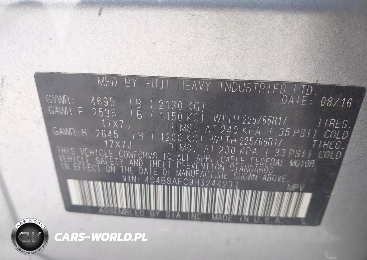 2017 Subaru Outback 2.5I Premium VIN:4S4BSAFC9H3244231 - 9