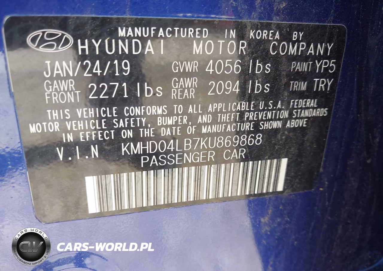 2019 Hyundai Elantra Sport VIN:KMHD04LB7KU869868 - 5