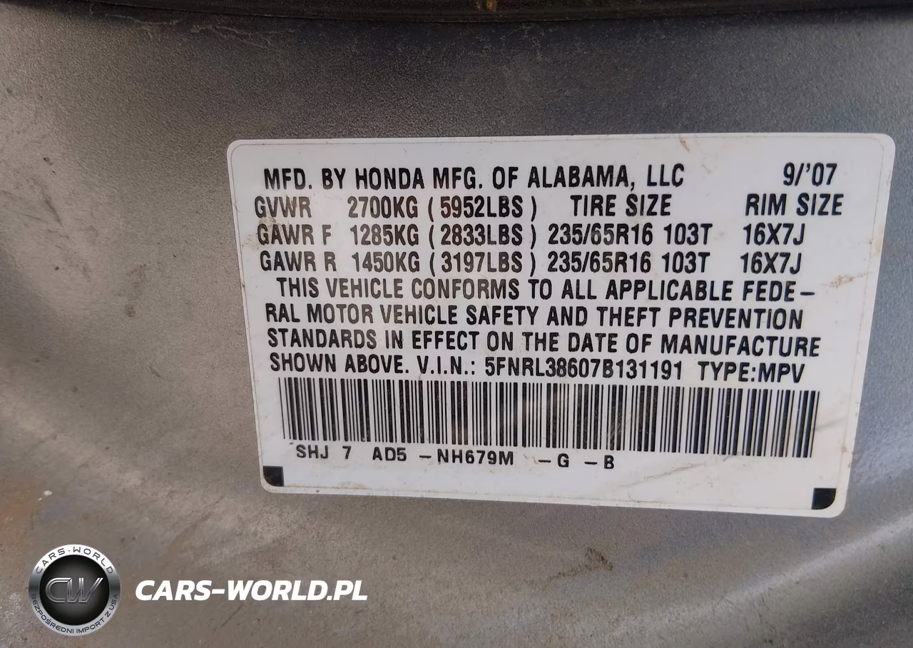 2007 Honda Odyssey Ex-L VIN:5FNRL38607B131191 - 9
