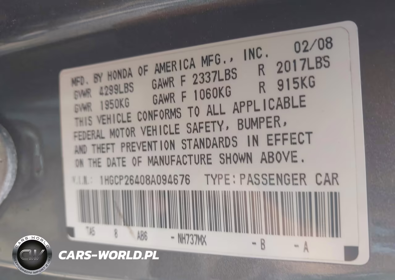 2008 Honda Accord 2.4 Lx-P VIN:1HGCP26408A094676 - 9