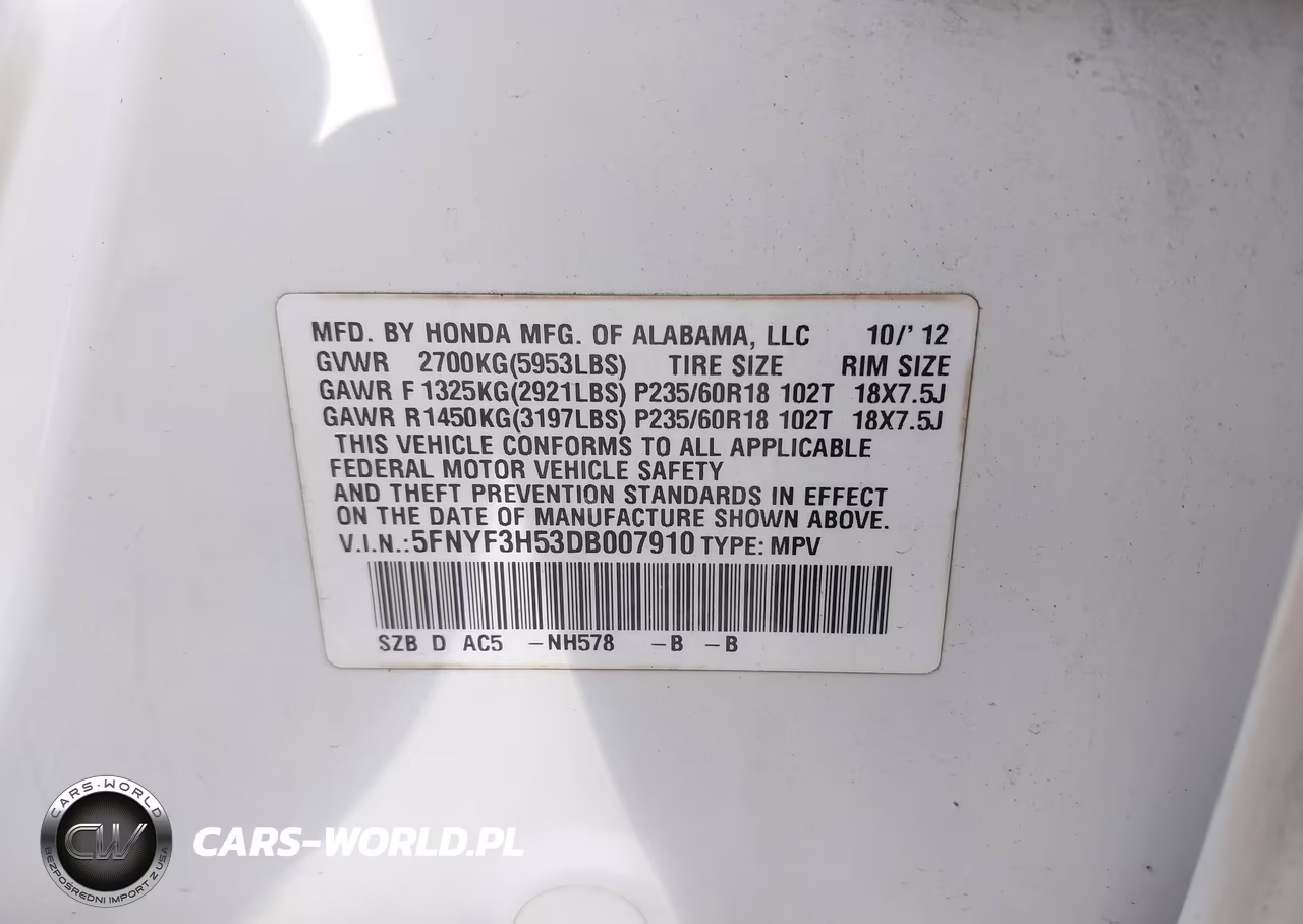 2013 Honda Pilot Ex-L VIN:5FNYF3H53DB007910 - 9