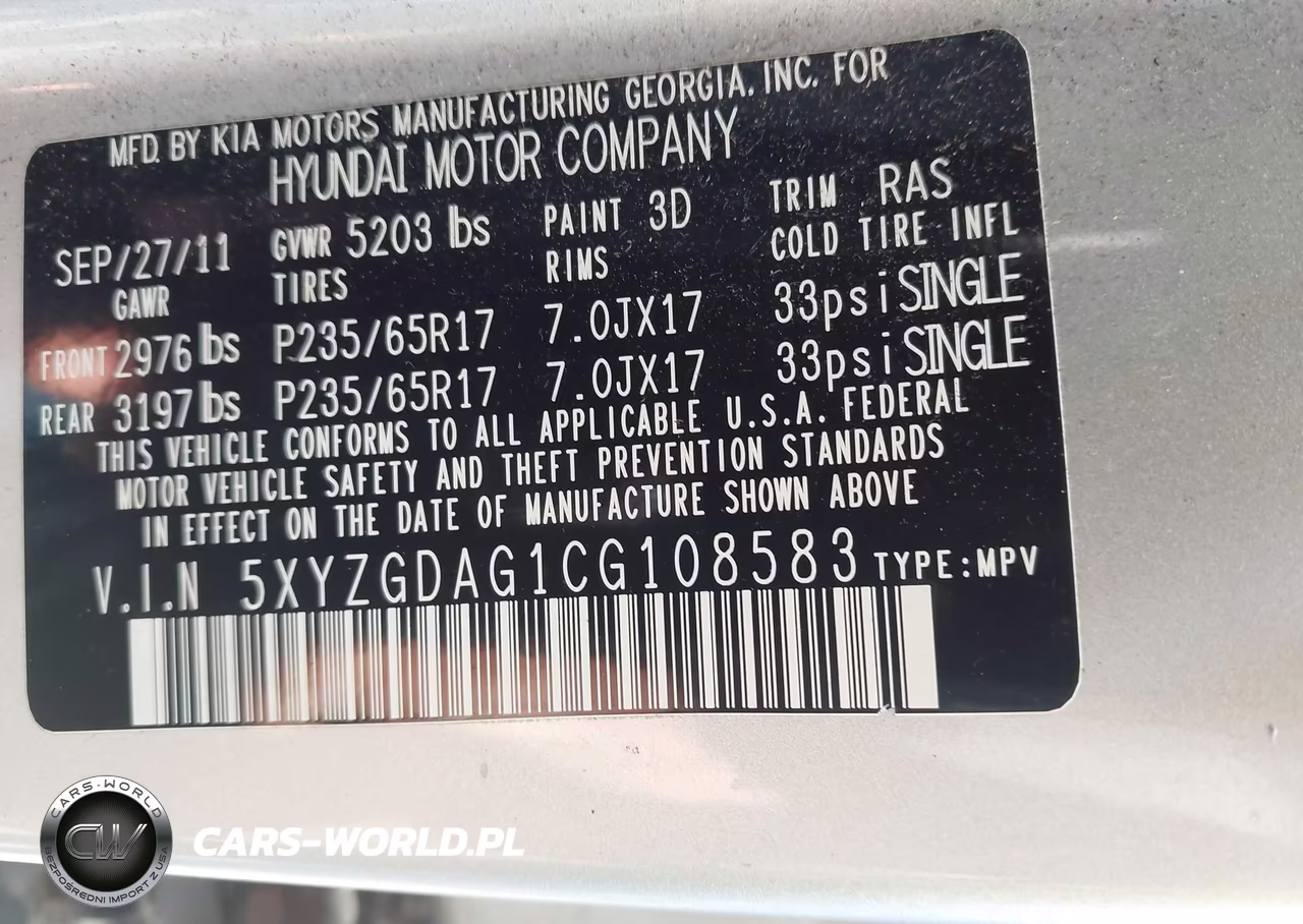 2012 Hyundai Santa Fe Gls V6 VIN:5XYZGDAG1CG108583 - 9