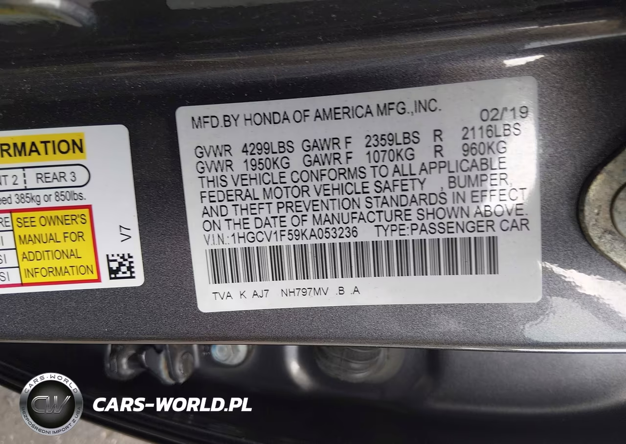 2019 Honda Accord Ex-L VIN:1HGCV1F59KA053236 - 9