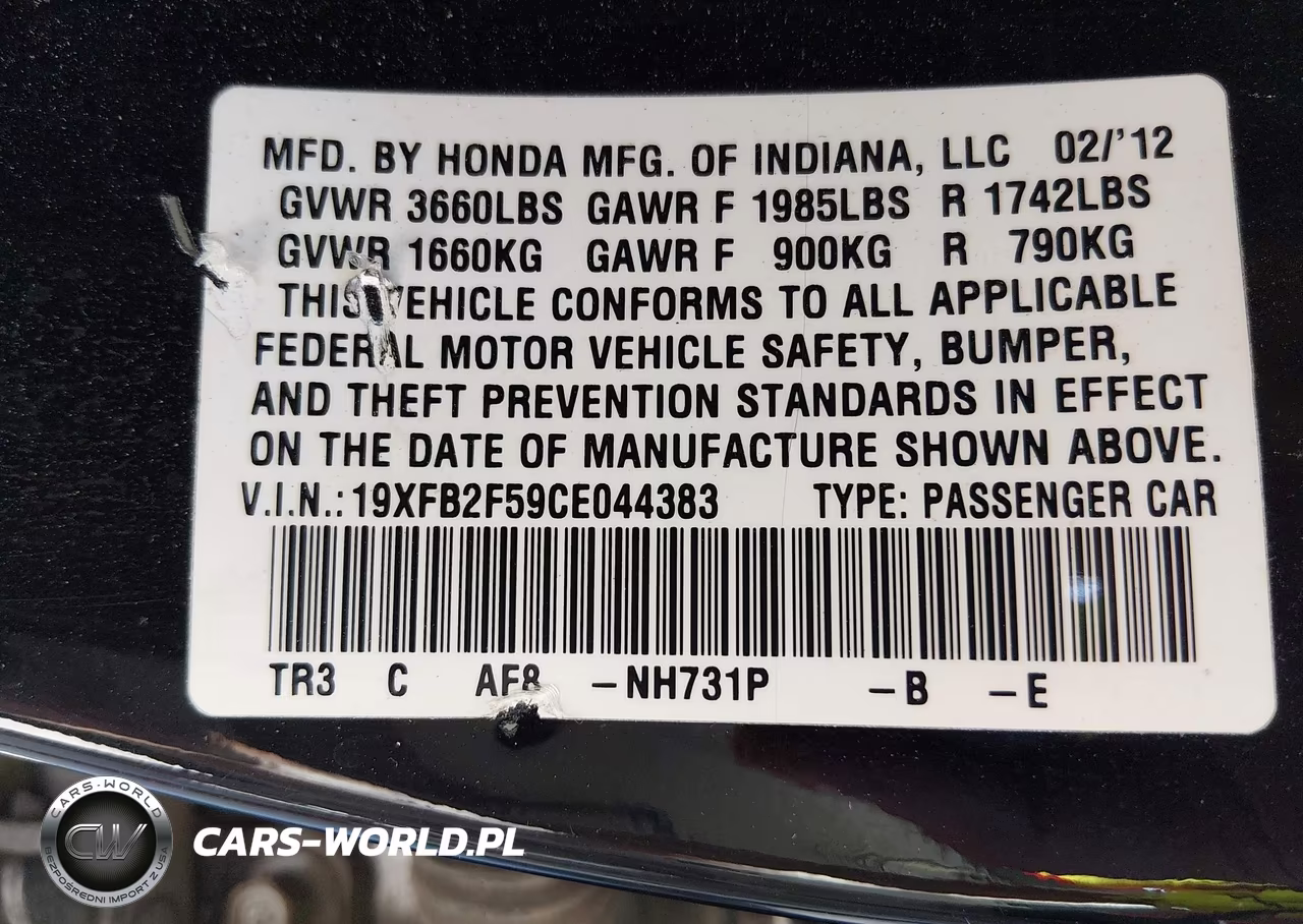 2012 Honda Civic Lx VIN:19XFB2F59CE044383 - 9