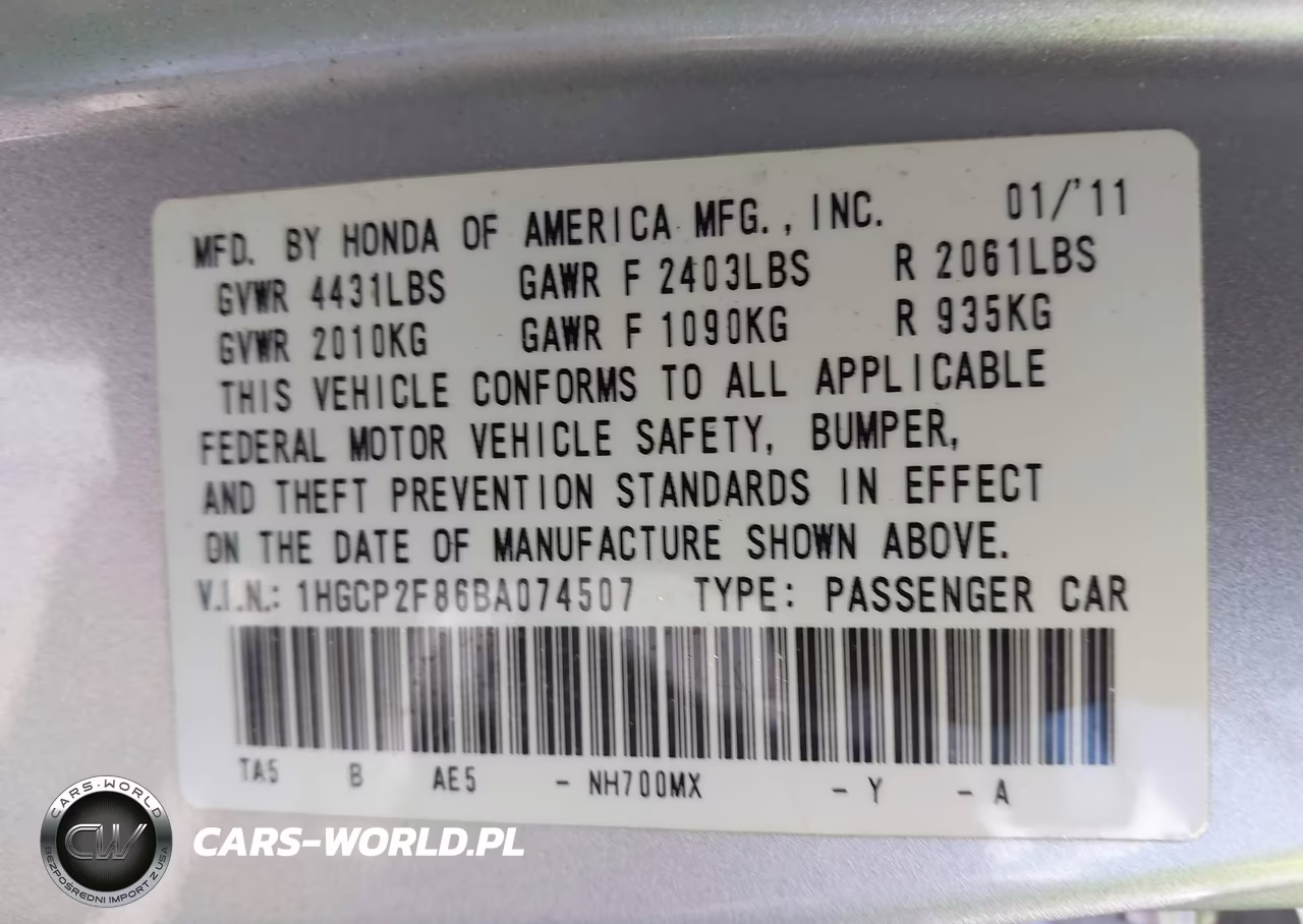2011 Honda Accord 2.4 Ex-L VIN:1HGCP2F86BA074507 - 9