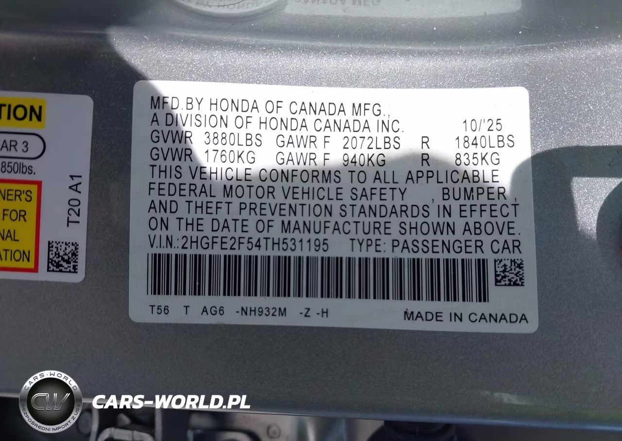 2026 Honda Civic Sport VIN:2HGFE2F54TH531195 - 9