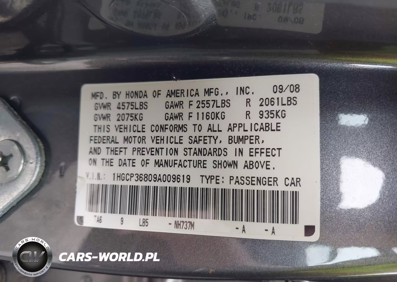 2009 Honda Accord 3.5 Ex-L VIN:1HGCP36809A009619 - 9