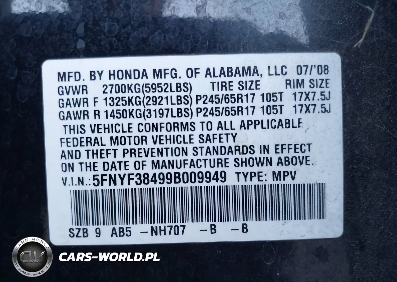 2009 Honda Pilot Ex VIN:5FNYF38499B009949 - 9