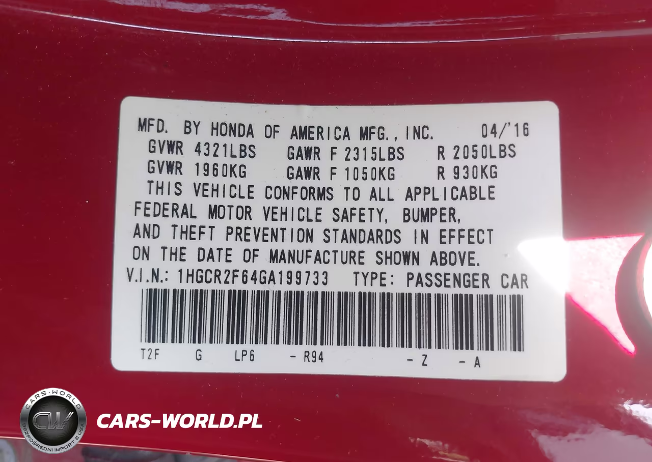2016 Honda Accord Sport VIN:1HGCR2F64GA199733 - 9