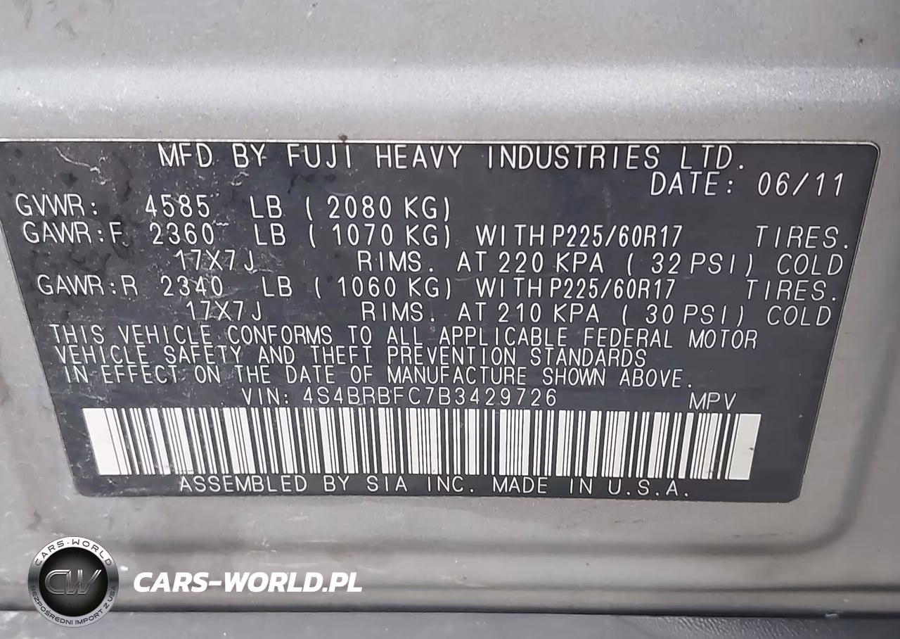 2011 Subaru Outback 2.5I Premium VIN:4S4BRBFC7B3429726 - 9