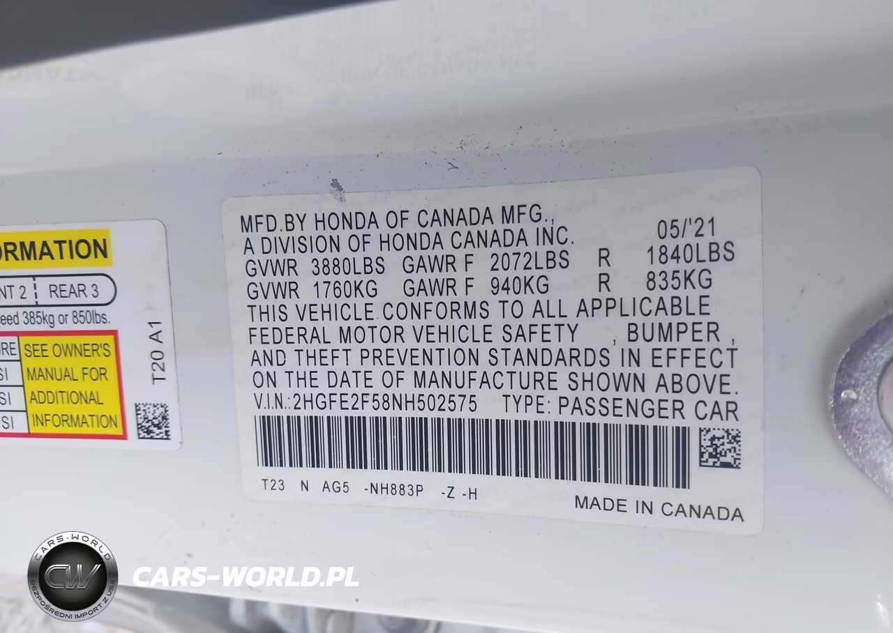 2022 Honda Civic Sport VIN:2HGFE2F58NH502575 - 9