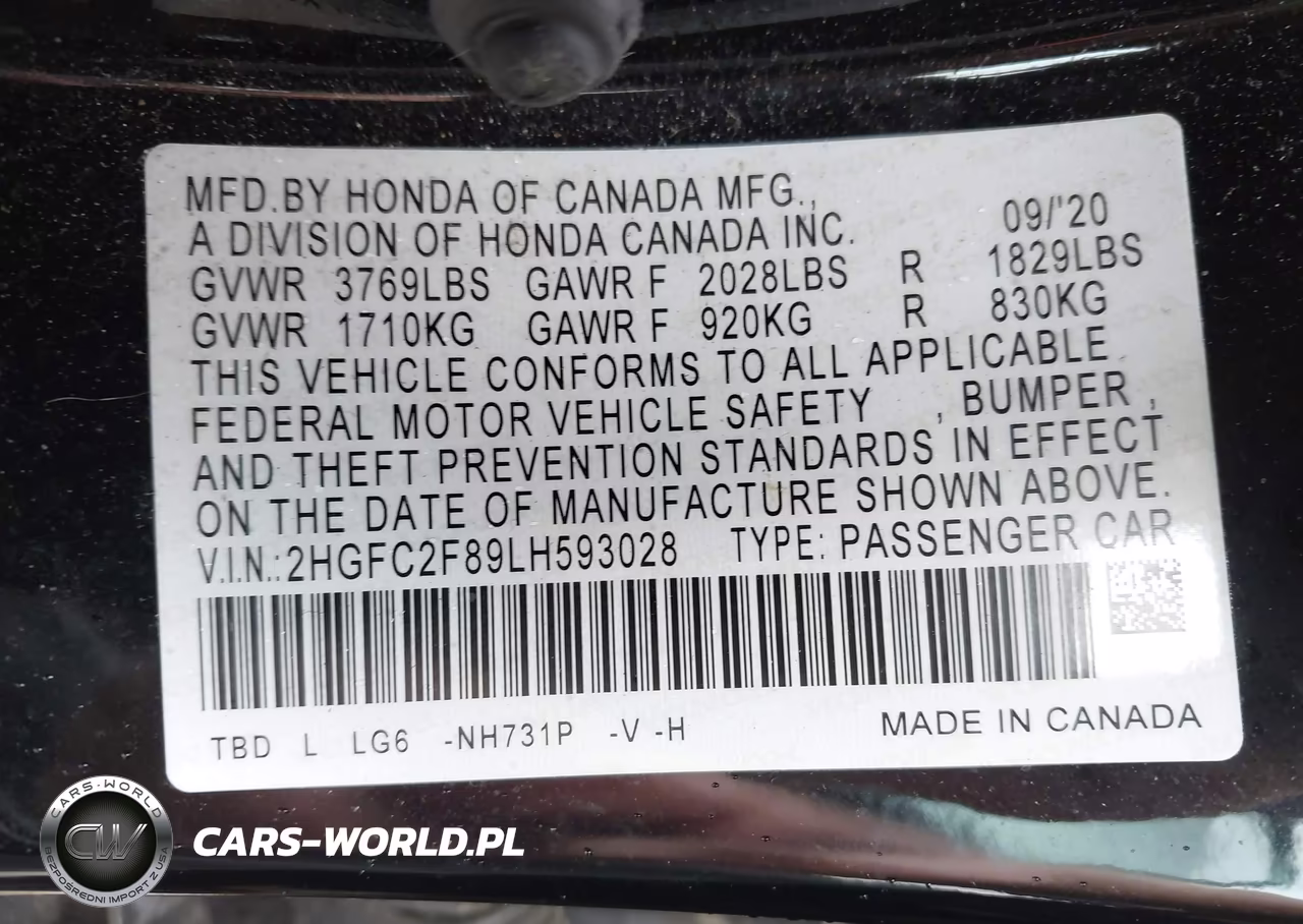 2020 Honda Civic Sport VIN:2HGFC2F89LH593028 - 9
